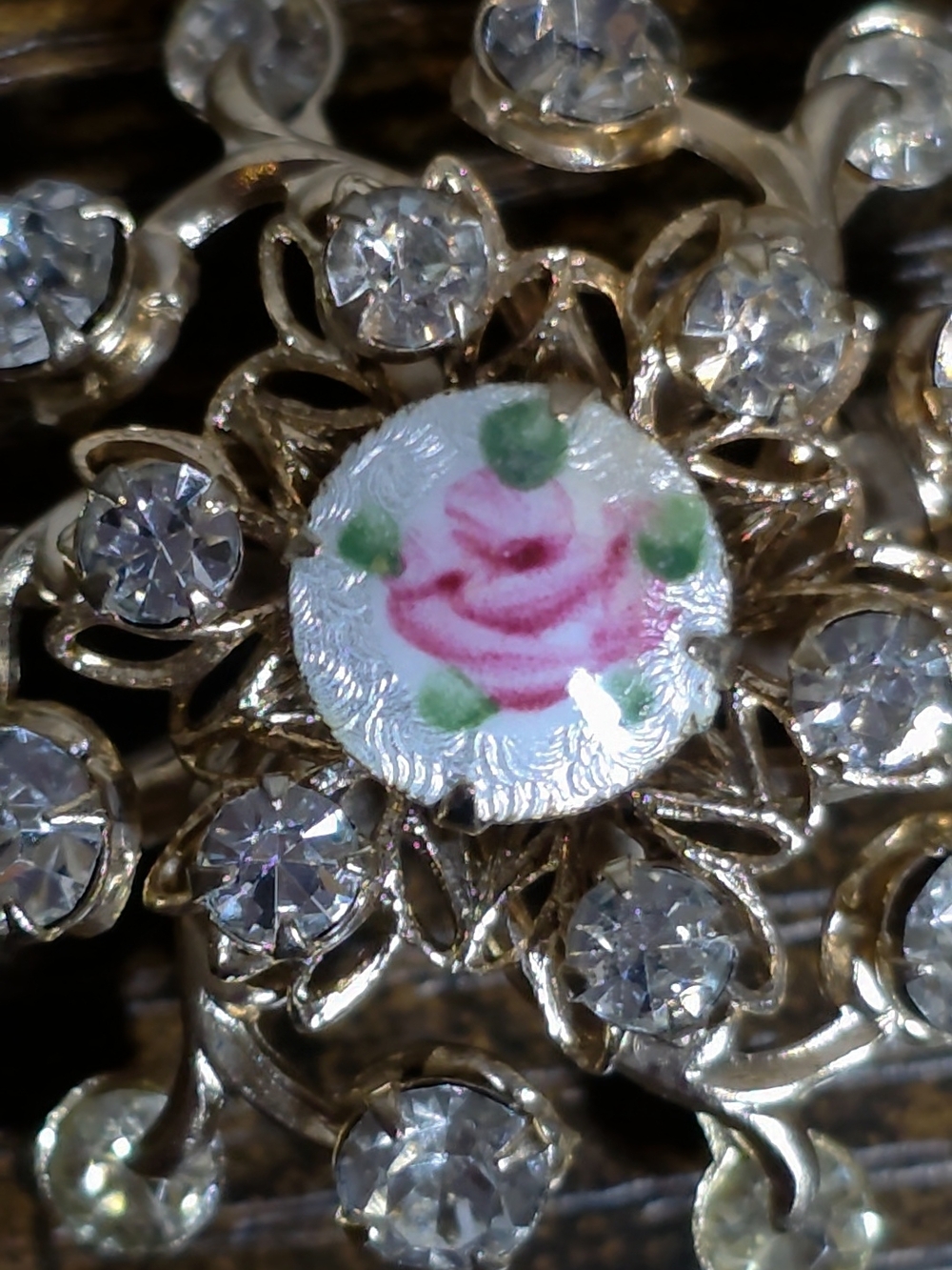 Rose Topped Painted Enamel Domed Rhinestone Brooch circa 1960s